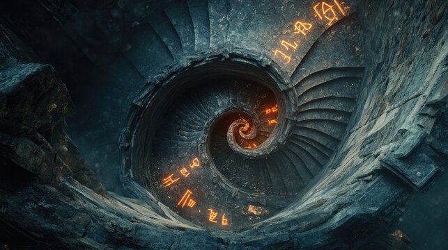 Glowing runes etched spiral stone staircase