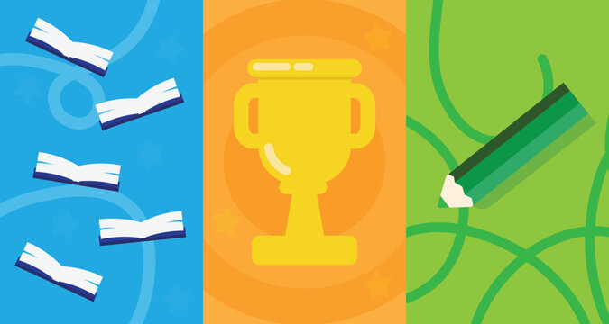 Educational-themed background featuring a trophy, pencil, and learning elements, suitable for school achievements and academic competitions.