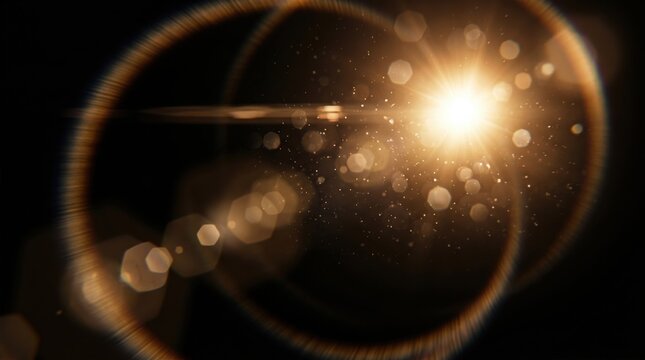 Cinematic lens flare with golden sunburst anamorphic bokeh circles and warm light leaks on black background. Professional overlay for film video and screen blending modes.