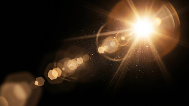 Lens flare with hexagonal bokeh and dust particles on black background. Cinematic golden light leak and optical sun rays. Ideal for photography overlays and film post-production effects.