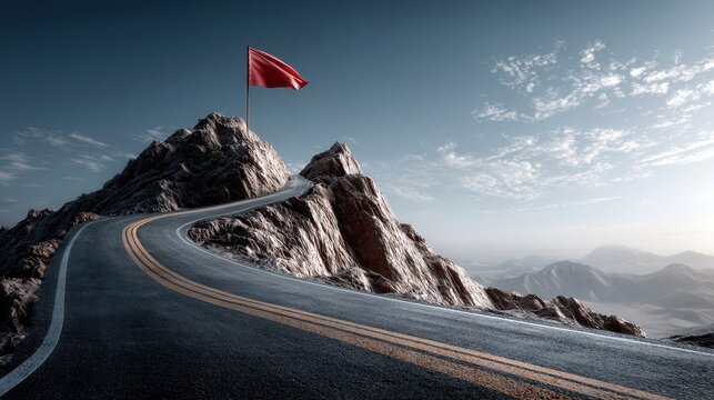 Winding mountain road leading to a red flag on the summit representing goal achievement and success