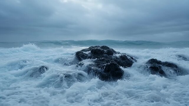 Dark rocks on a stormy ocean beach.