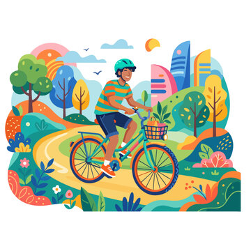 Person cycling in city park flat vector illustration