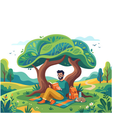 Child sitting under big tree flat vector illustration