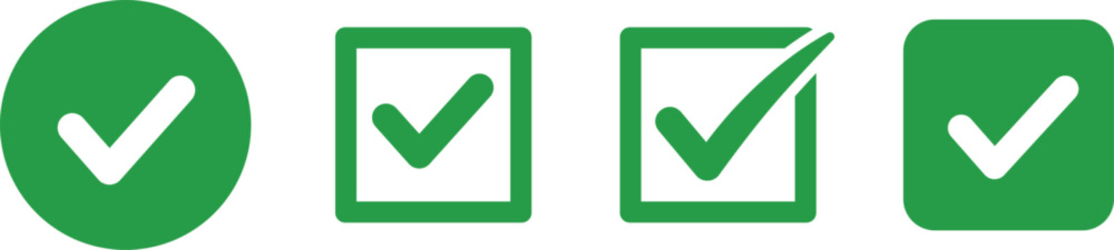 Four green checkmark in circle, square, and rounded square shapes tick symbol