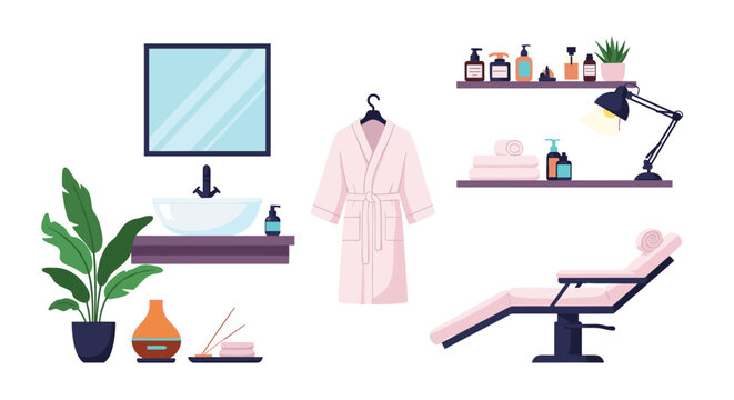 Complete set of beauty salon equipment including a vanity sink, treatment chair, bathrobe, and spa product shelves.