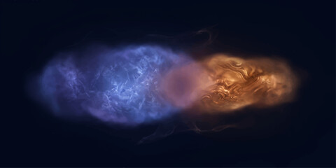 Cosmic collision of two nebulae, one vibrant blue and the other fiery orange, swirling together in the vast darkness of space, representing creation or destruction. © ZINGGALALA HOHO