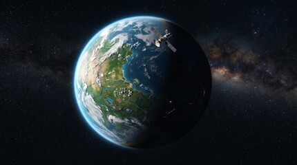 Fototapeta premium Exploring the Universe Through Satellite Technology and Space Colonization, A detailed view of Earth with a starry background, showcasing land and water features.