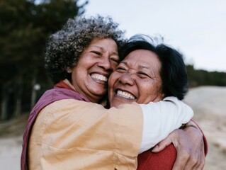 Fototapeta premium Two smiling senior women share an affectionate hug outdoors, enjoying a joyful moment of friendship for wellness and community lifestyle content
