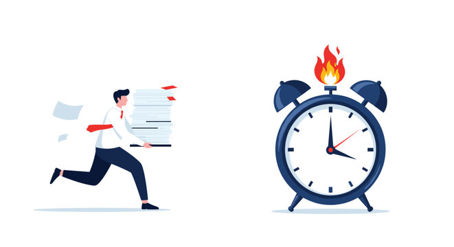 Busy office worker running with a heavy stack of documents while a giant alarm clock is on fire in the background.