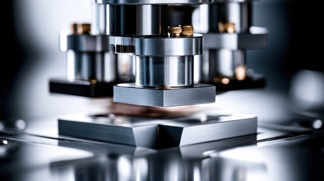 Close-up of Precision Metal Industrial Machinery Components with Reflections