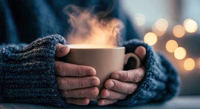 Cozy hands cradle a steaming mug, winter comfort, soft focus bokeh