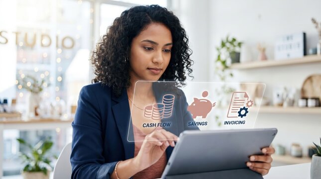 Indian Female Entrepreneur in Boutique Studio: Floating Rose Gold and Navy Blue Holographic Financial UI with Cash Flow, Savings, and Invoicing Icons