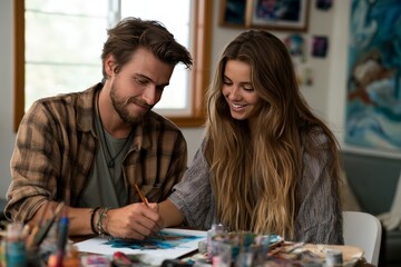 Fototapeta premium Young Artists Creating Together in Cozy Studio Setting