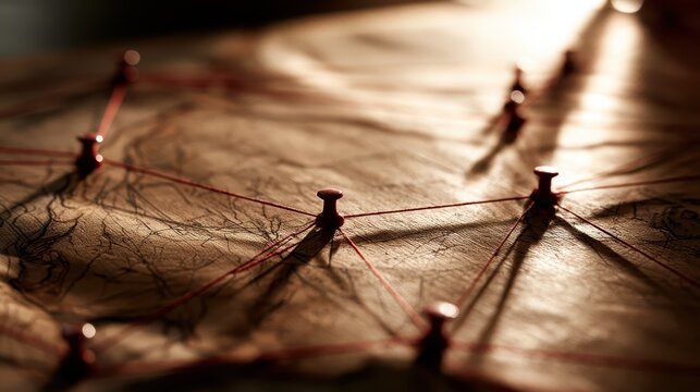 Detective Investigation Board with Old Map Red String and Pins