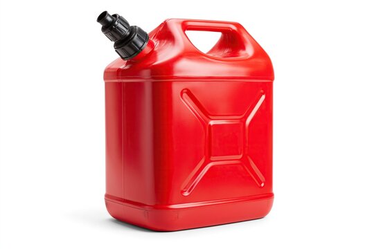 Large empty red plastic gasoline jerry can with black screw cap and handle placed on plain white background for fuel storage and outdoor transportation concept