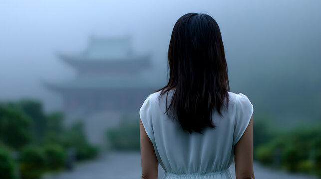 A woman stands with her back to the camera, gazing at a temple shrouded in mist. The atmosphere is serene and contemplative