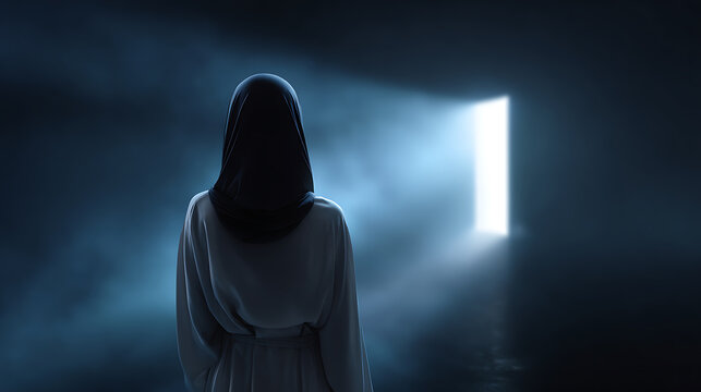A woman in a hijab stands with her back to the camera, facing a bright, open doorway filled with light. The room is dark and filled with atmospheric haze or smoke