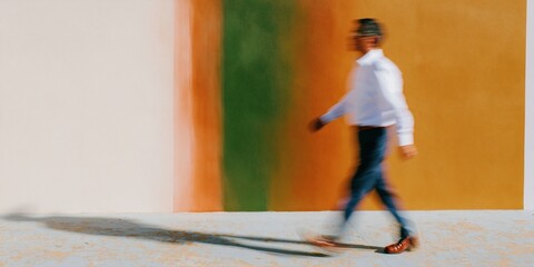 Naklejka premium Blurred motion of a person walking past a tricolor color block wall, showing vibrant green and gold tones with copy space for design and layout