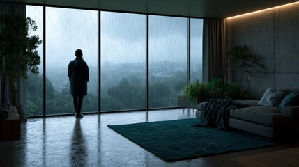Fototapeta premium Solitary Figure in Rainy Apartment with Urban View and Greenery