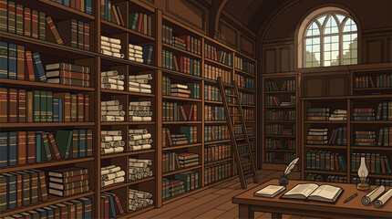 Old library interior with tall bookshelves filled with books and a desk with an open book. © Yuhu