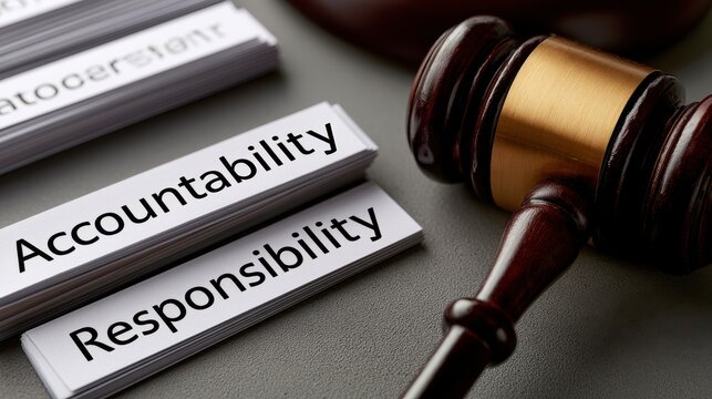 Gavel with accountability and responsibility cards on a grey background