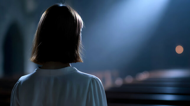 A woman stands inside a church, facing away from the camera, with light streaming through a window and illuminating the rows of pews
