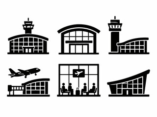 Fototapeta premium Airport and airplane icon set featuring terminals and control towers