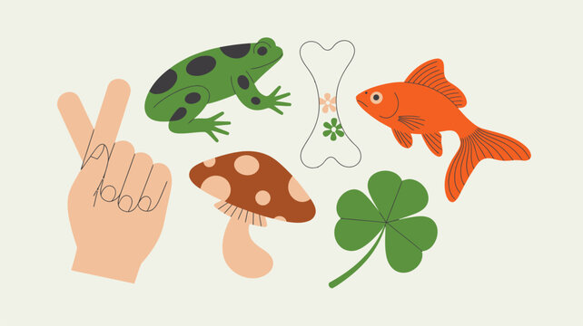 Collection of cartoon lucky symbols featuring a peace sign hand, frog, clover, goldfish, and outlined bone