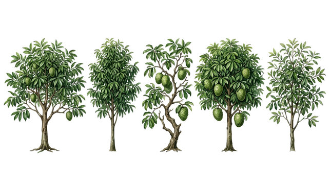 Series of five lush citrus trees with varying leaf density and fruit development in a botanical illustration style depicting