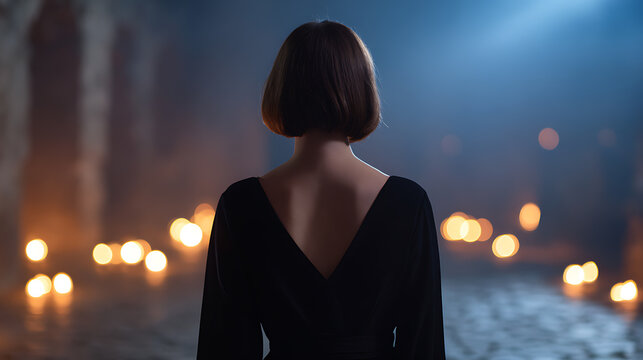 A woman seen from behind, dressed in a black dress, stands in a dimly lit environment with rows of flickering candles casting an ethereal glow. The atmosphere is mysterious and contemplative.