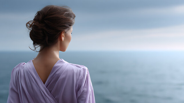 A woman in a purple dress gazing out at the ocean. Her hair is pulled back in an updo, and she has a thoughtful expression on her face