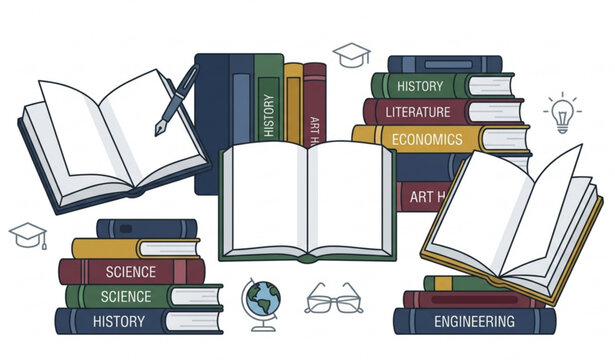 Isolated Open Books and Academic Study Materials Vector Set for Higher Education and Learning Process