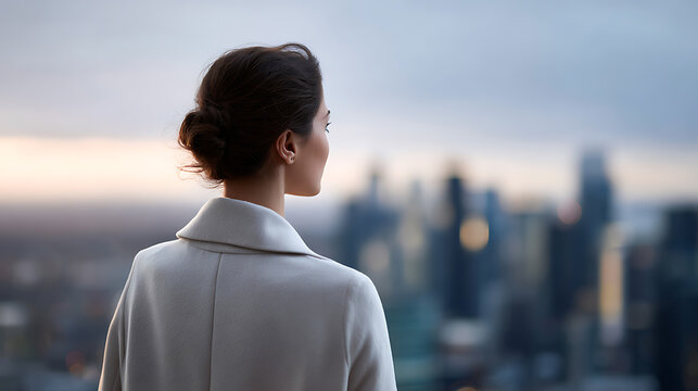 A businesswoman looking out at a city skyline at dusk, contemplating future endeavors. Her elegant updo and sophisticated coat suggest ambition and foresight