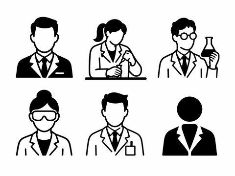 Collection of scientist icons: diverse male and female professionals in lab coats