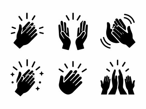 Set of black silhouette clapping hands icons with applause motion lines