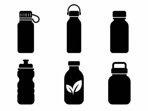 Set of six black silhouette water bottle designs with various shapes and features
