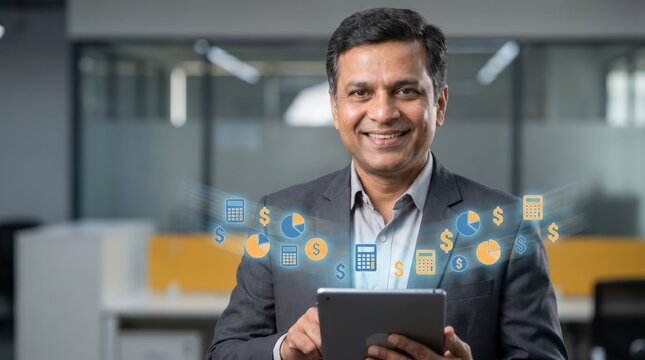 Indian Financial Technology Concept: Elegant Holographic Market Icons and Tablet Held by Confident Corporate Professional