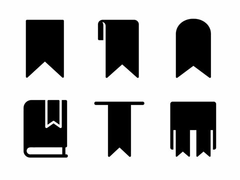 Set of six black bookmark icons in various shapes