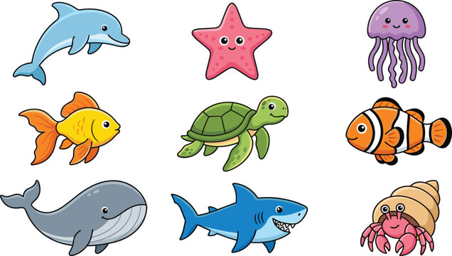 Cute sea life cartoon character vector collection set featuring friendly underwater marine animals dolphin shark whale sea turtle clownfish and jellyfish isolated on white background
