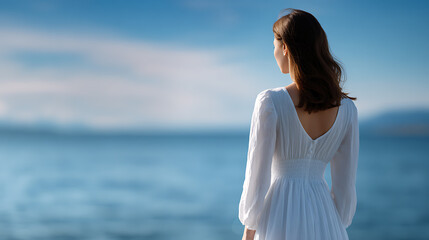 Obraz premium A serene woman in a white dress gazes out at a tranquil ocean under a clear blue sky. The gentle waves reflect the vast expanse of the water, evoking a sense of peace and contemplation