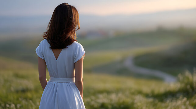A solitary woman in a flowing white dress stands on a hilltop, gazing out at a picturesque rolling landscape at dawn. The soft.