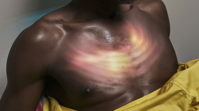 Red light therapy ripple on a bare chest of a Black man, showcasing glowing amber warmth and smooth skin texture for recovery science and biohacking