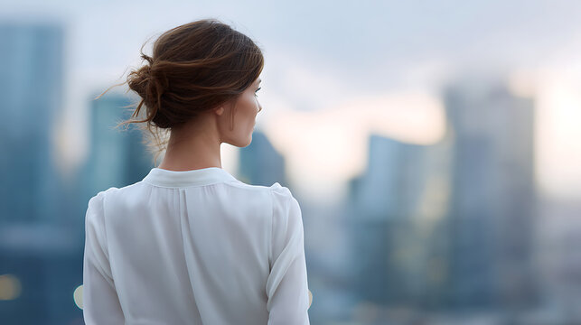 A woman looking out at a city skyline at dawn, with her back to the camera. She is wearing a white blouse and her hair is pulled back in a bun