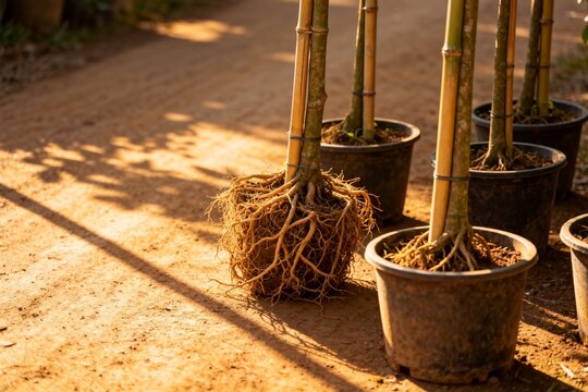 Uprooted bamboo plant with visible root system