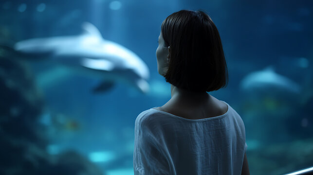 A woman gazes at dolphins swimming in a large aquarium, surrounded by a tranquil blue underwater world