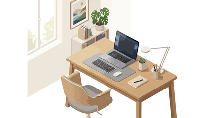 Naklejka premium Calm Minimal Home Office Workspace Vector Illustration with Laptop and Desk Setup for Modern Productivity