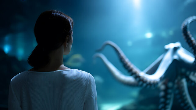 A woman observes an octopus in a dimly lit aquarium. The tentacles of the octopus are prominent, and light shines from above