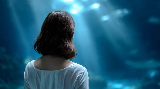 A woman gazes into the depths of a vibrant blue aquarium, illuminated by ethereal sunbeams filtering through the water, surrounded by a gentle school of fish