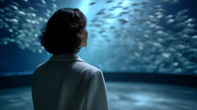 A woman in a white lab coat stands in front of a massive aquarium, gazing at a swirling school of fish